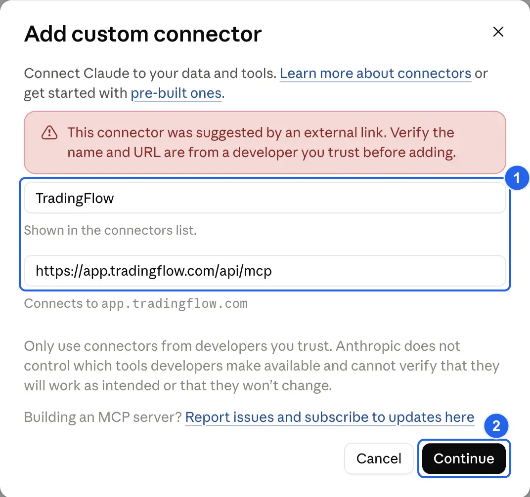 Claude Add custom connector dialog prefilled with TradingFlow and the production URL