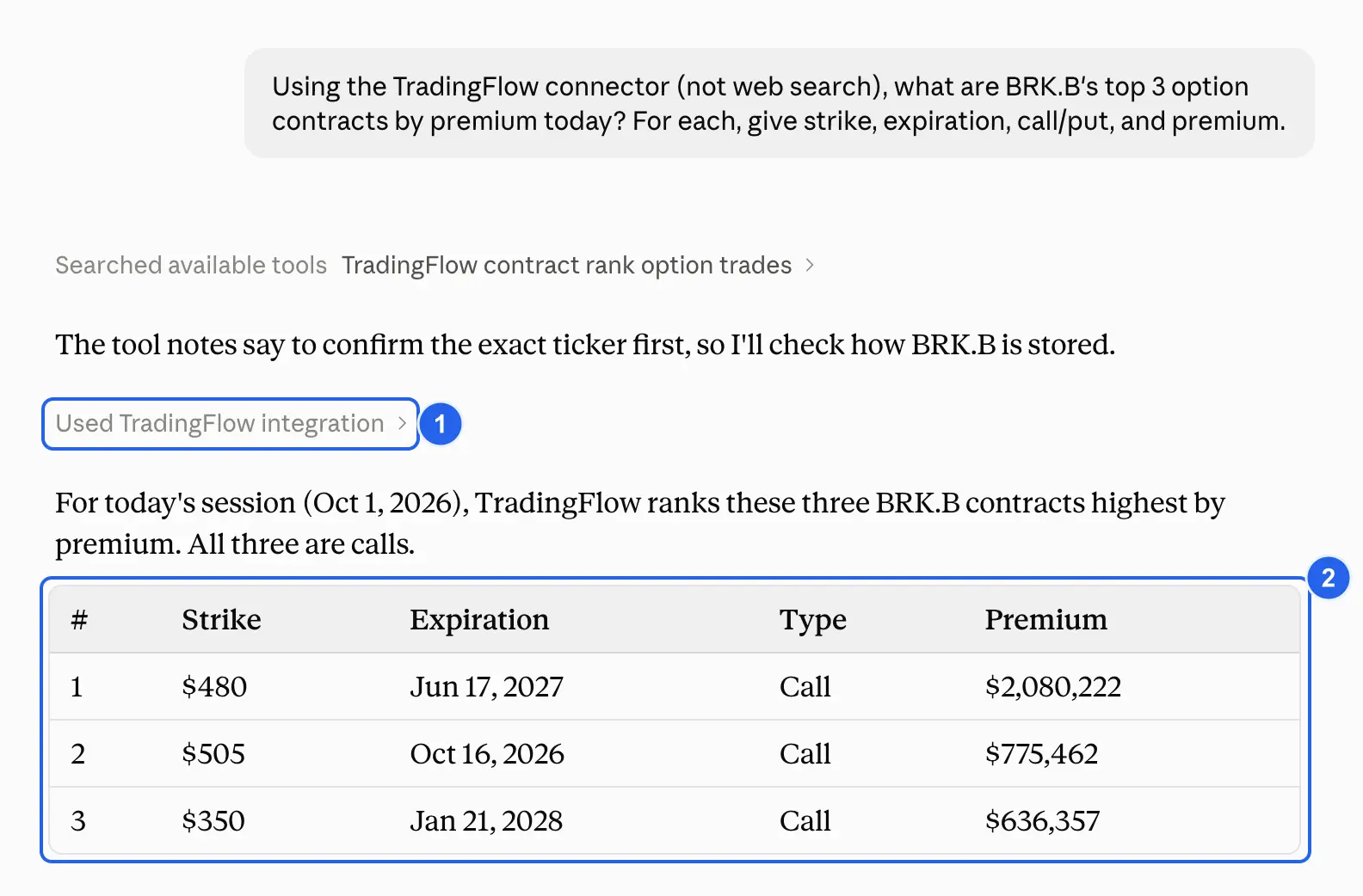 Claude answering with a table built from TradingFlow contract data