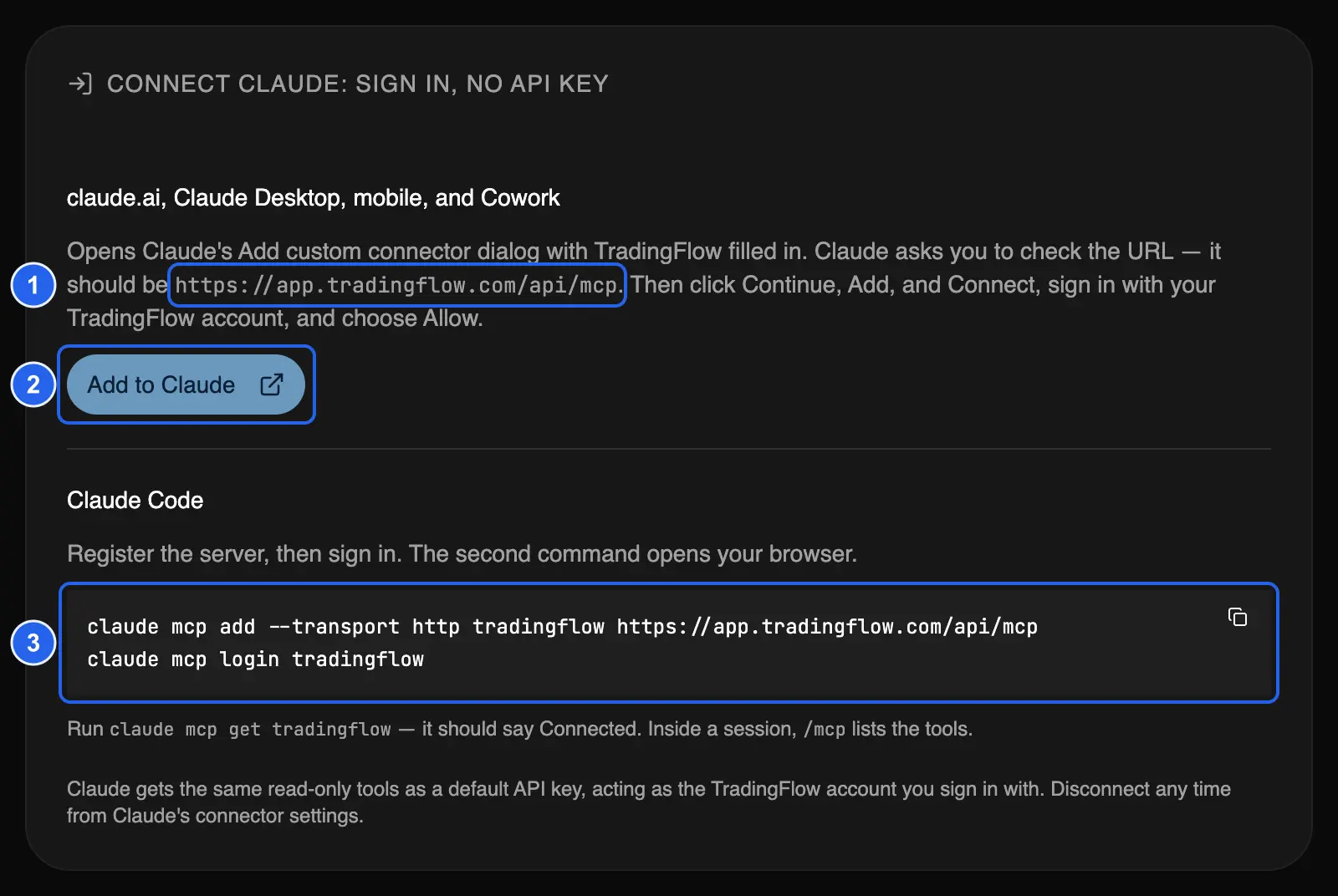 Connect Claude card with the server URL, Add to Claude, and the Claude Code commands marked