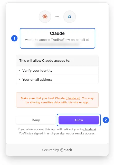 TradingFlow sign-in consent asking whether Claude may access TradingFlow