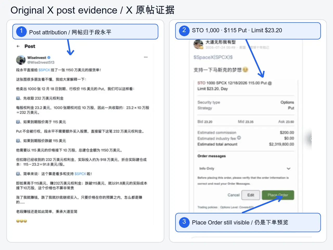 Annotated screenshot of the original WiseInvest X post and its embedded SPCX broker order preview
