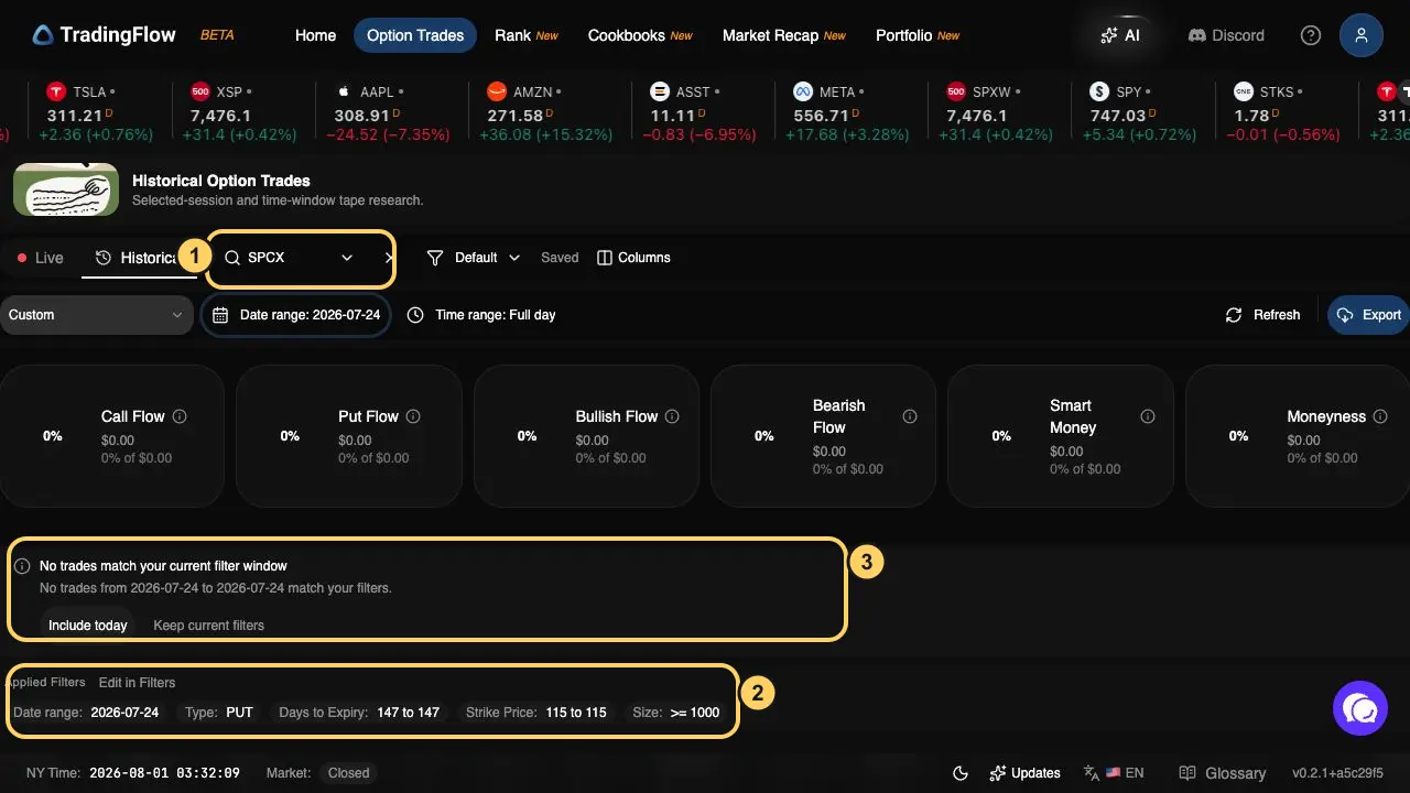 Annotated TradingFlow Historical Option Trades result showing SPCX on July 24, the exact applied filters, and no trades matching a minimum size of 1000