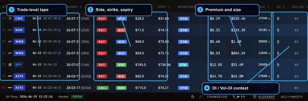 Option Trades tape with annotated trade-level fields