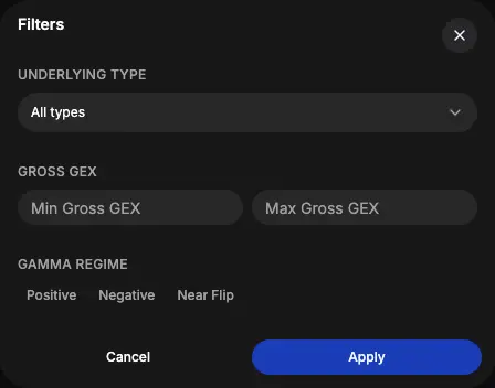 Option Chain Analysis — filters dialog (legacy GEX post)