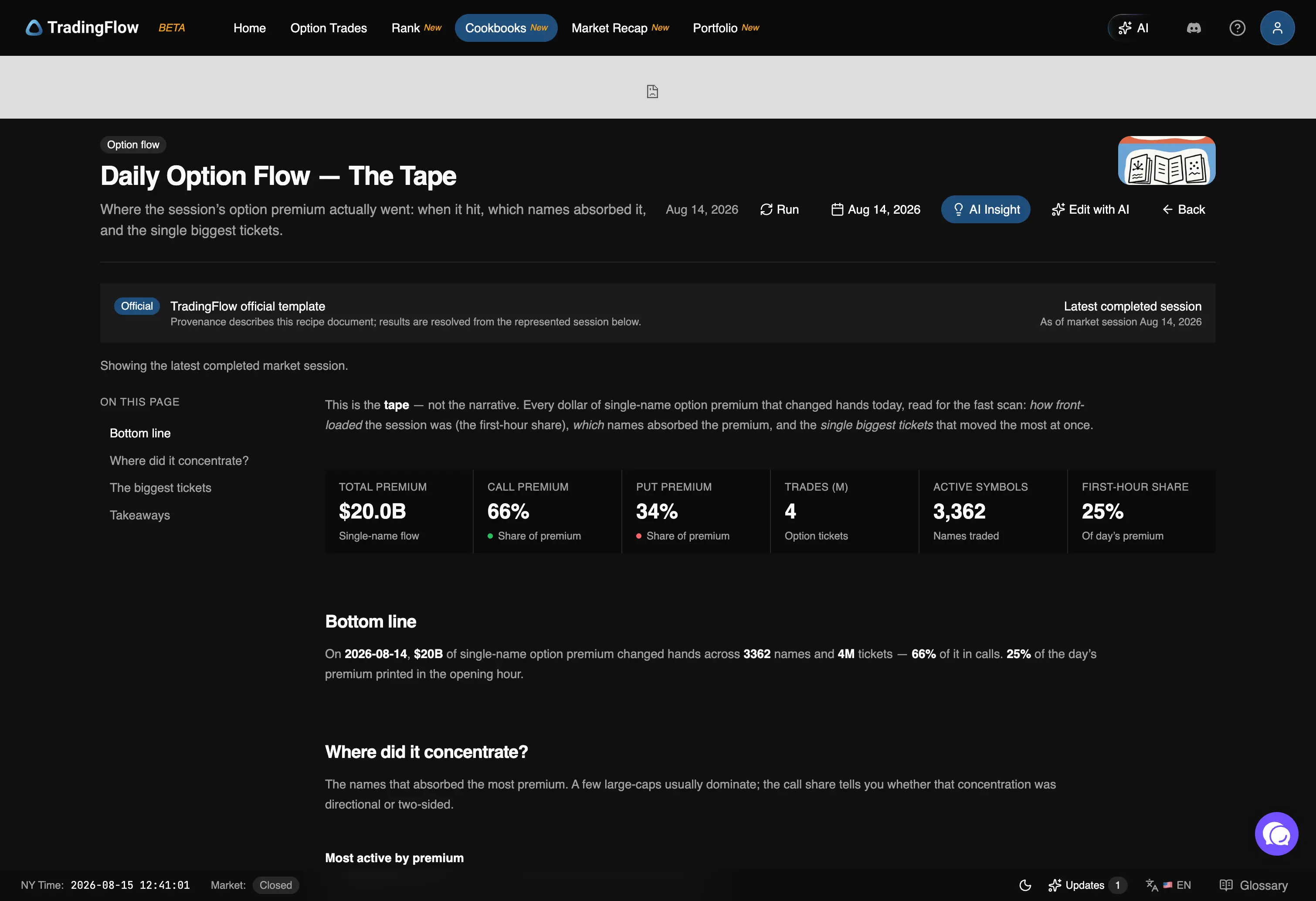 Daily Option Flow — The Tape report header showing the session's summary stats and methodology
