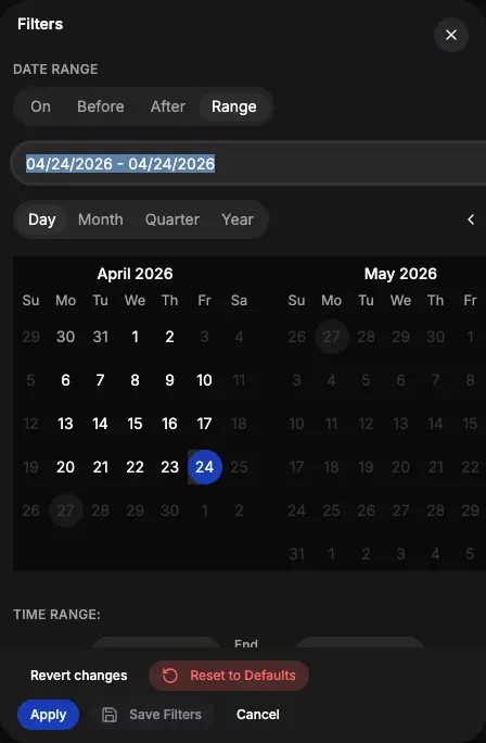 Option Trades — filters modal