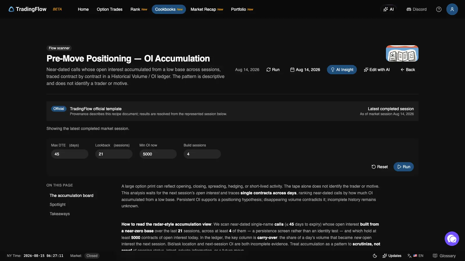 Pre-Move Positioning report header showing the recipe's parameters and methodology note