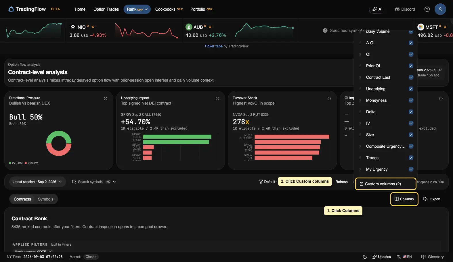 Rank Contracts Columns menu showing the Custom columns entry point
