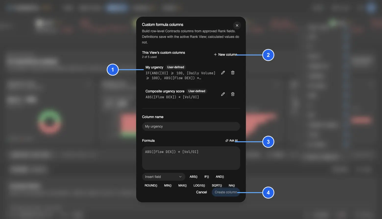Rank custom formula column manager with four numbered callouts