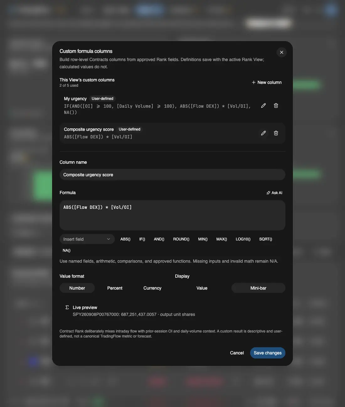 Complete Rank formula editor showing an existing column and the Save changes button