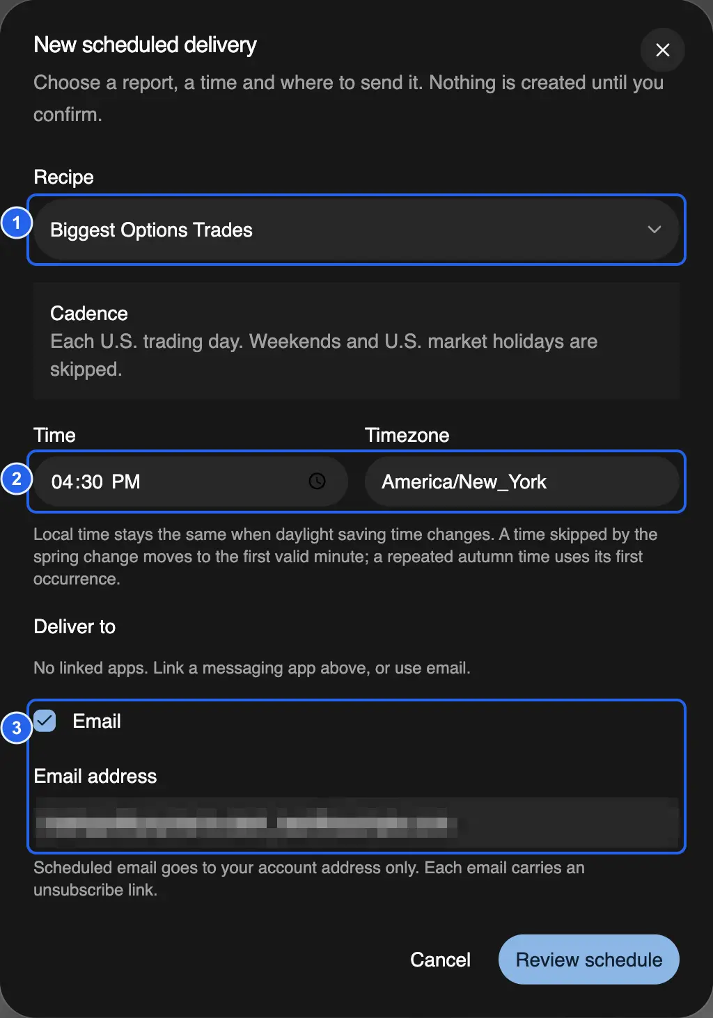 New scheduled delivery form with the recipe, time and timezone, and email delivery marked