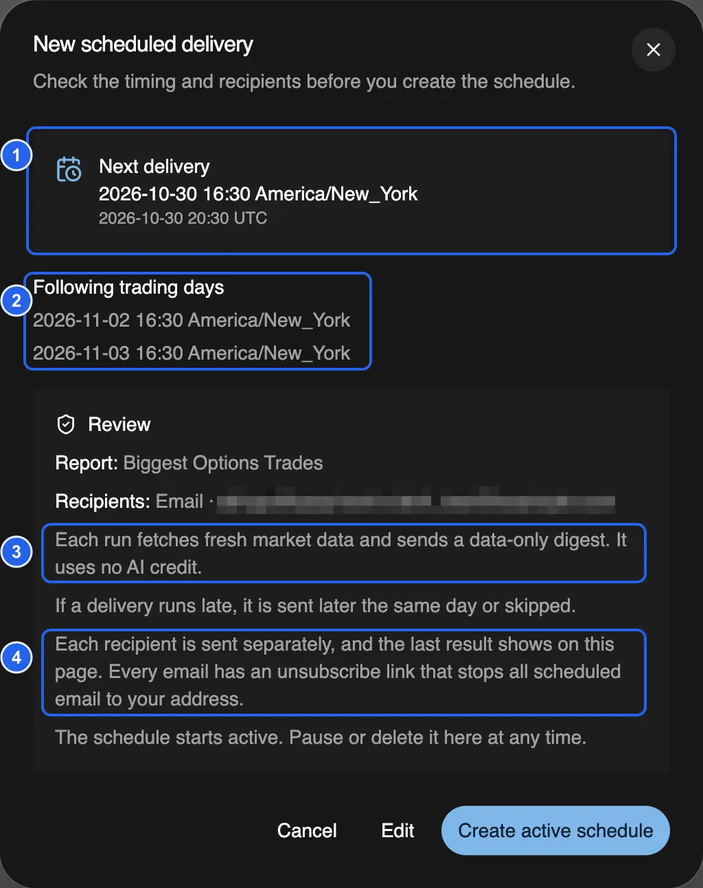 Schedule review with the next delivery, the following trading days, and the notes on AI credit and unsubscribing marked