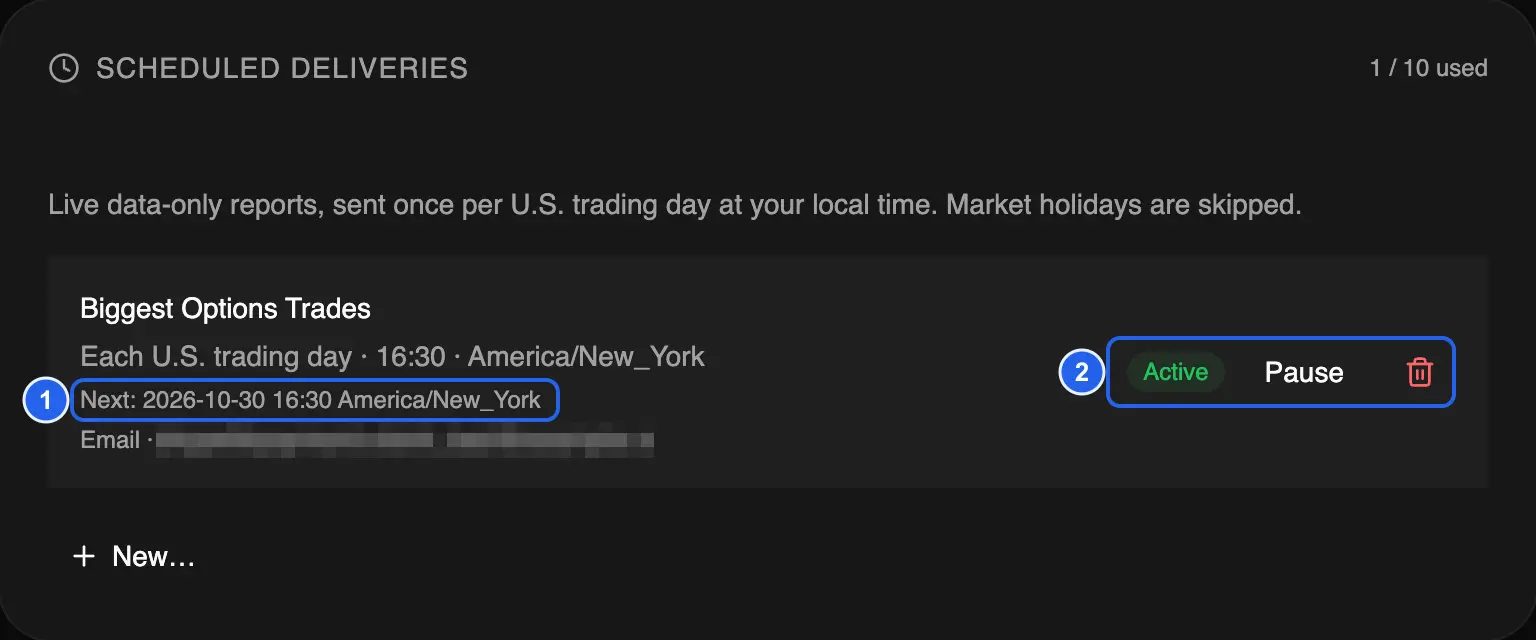 A scheduled delivery in Settings with the next delivery and the Active, Pause, and Delete controls marked