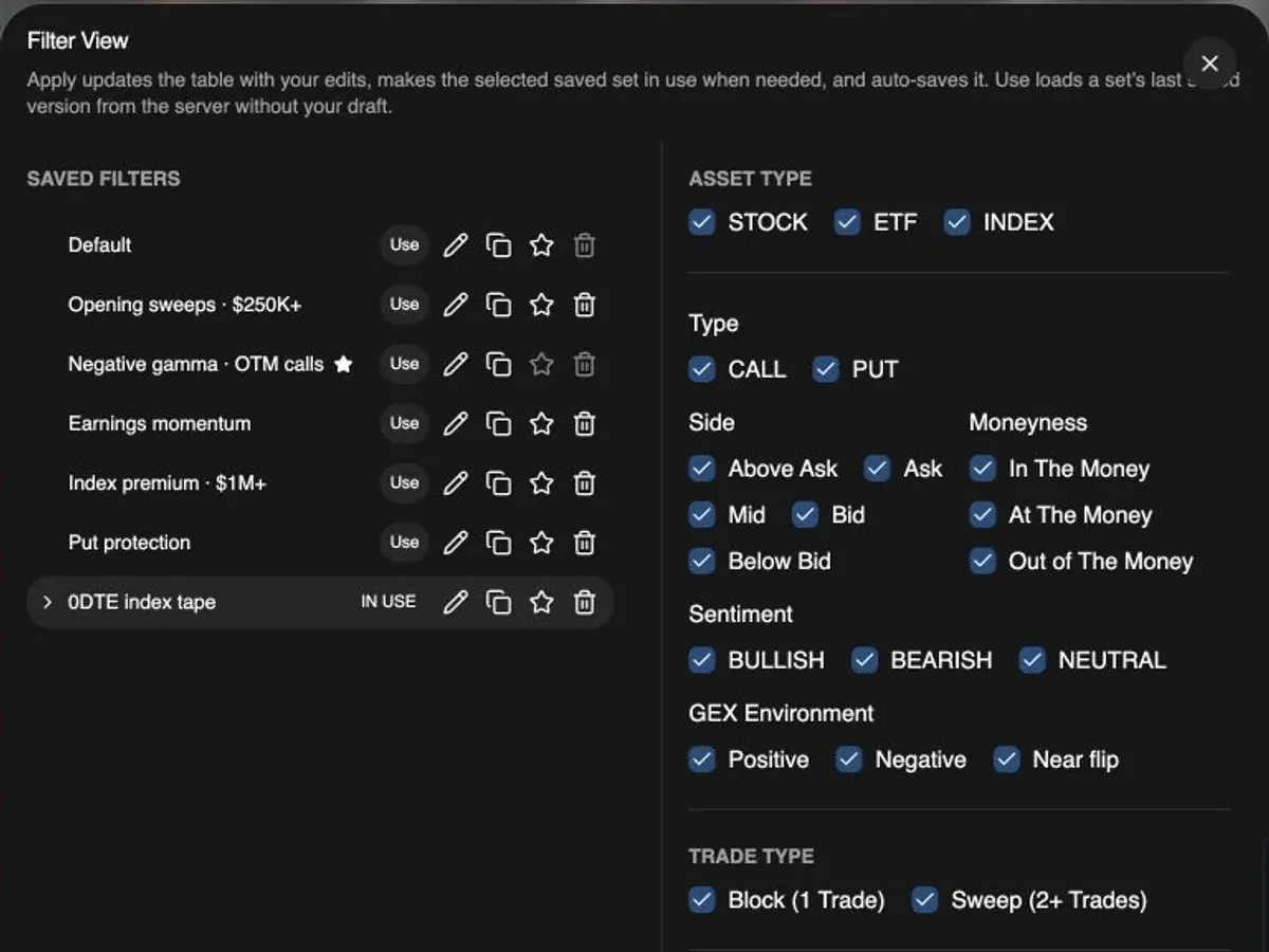 Filters for type, size, and other UOA-style controls