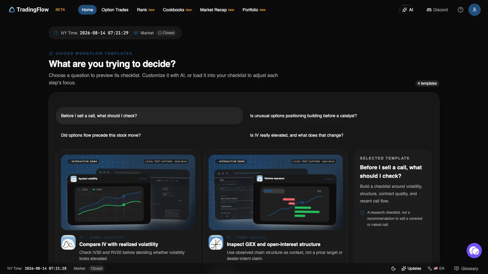 The TradingFlow Home hub: guided workflow templates and the top navigation