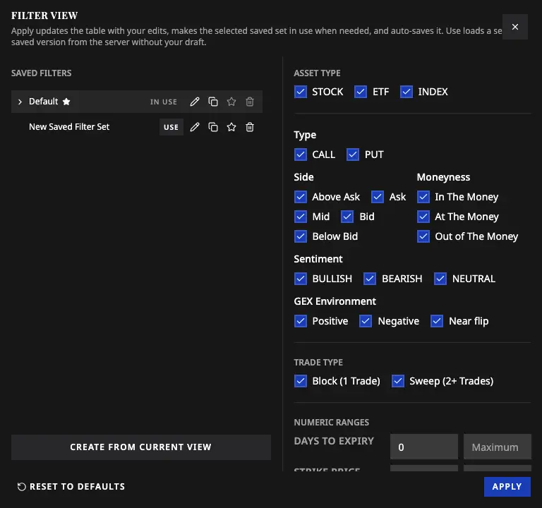 Option Trades — Filters dialog