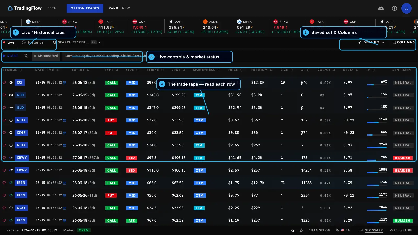 Option Trades live tape showing individual option prints