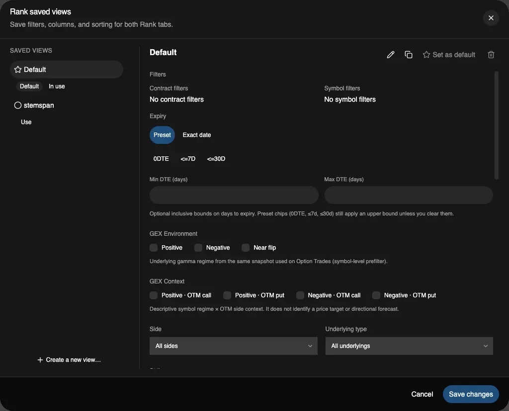 The Rank saved views dialog: named views on the left, filters — including GEX Environment and GEX Context — on the right