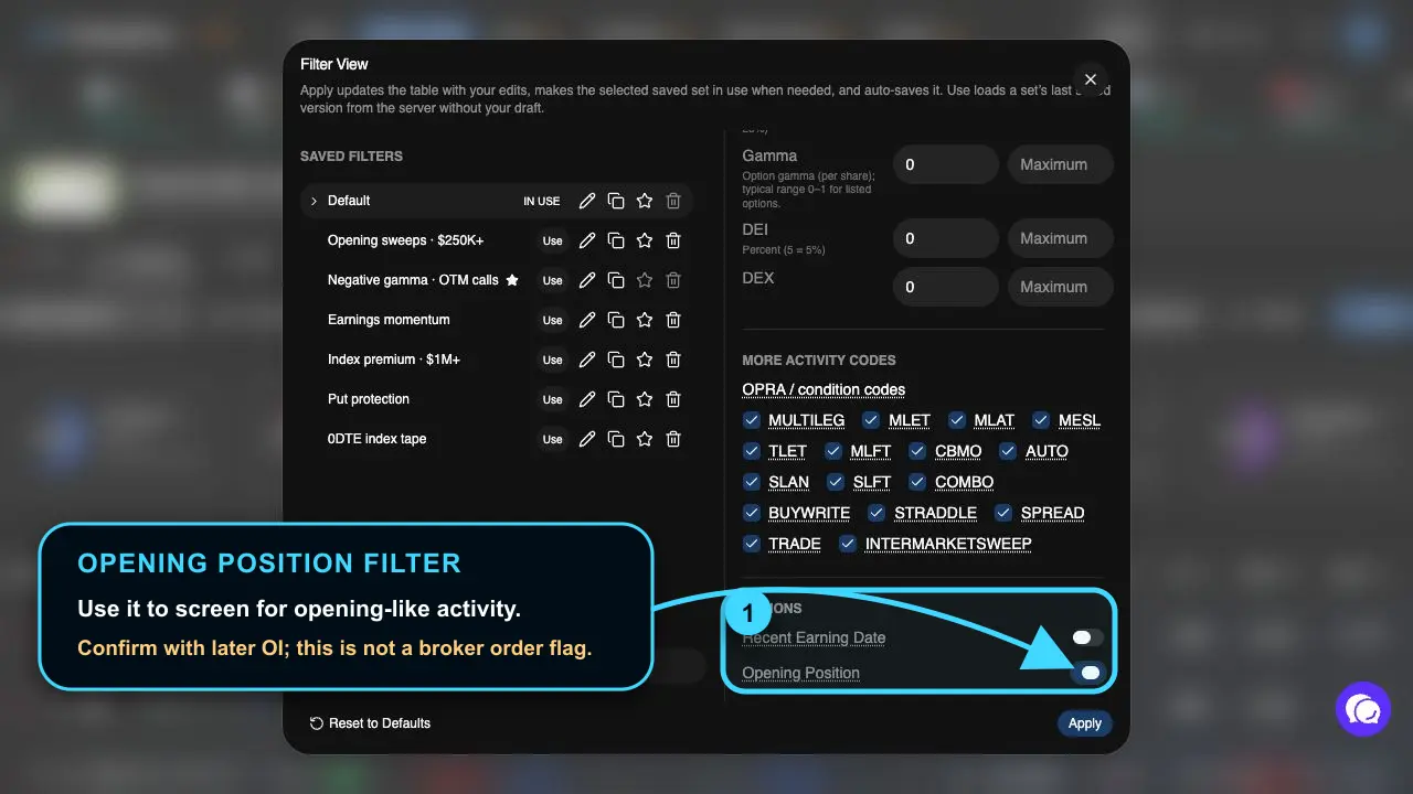 Annotated TradingFlow Filter View with the Opening Position switch enabled and a warning that it is a screening heuristic rather than a broker order flag