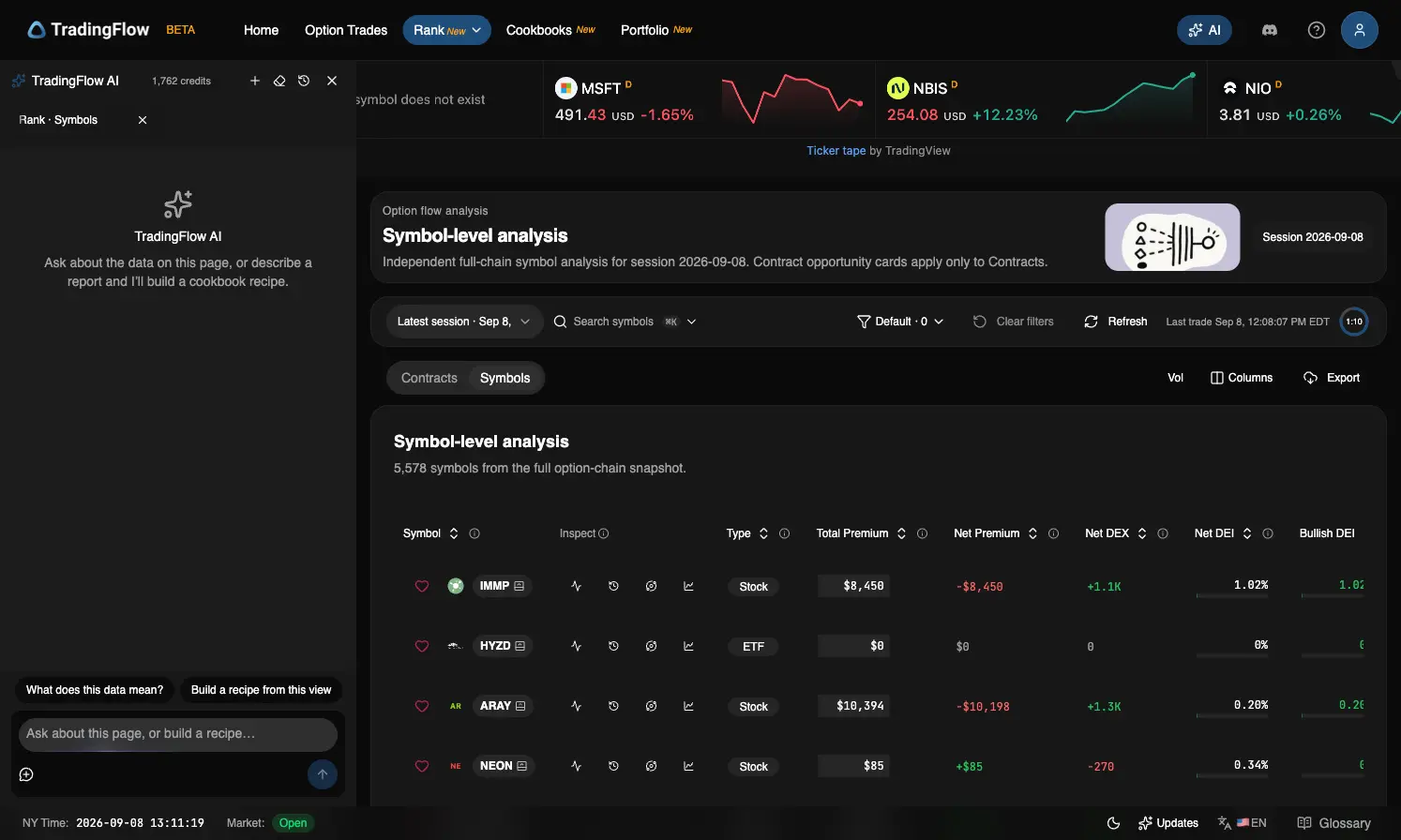 TradingFlow AI docked beside Rank Symbols, with the current page attached as context and a research question composer.